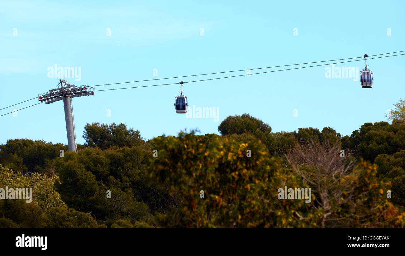 Cable car between coast and Montjuic hill, Barcelona, Spain Stock Photo ...