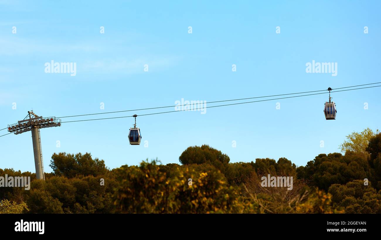 Cable car between coast and Montjuic hill, Barcelona, Spain Stock Photo ...