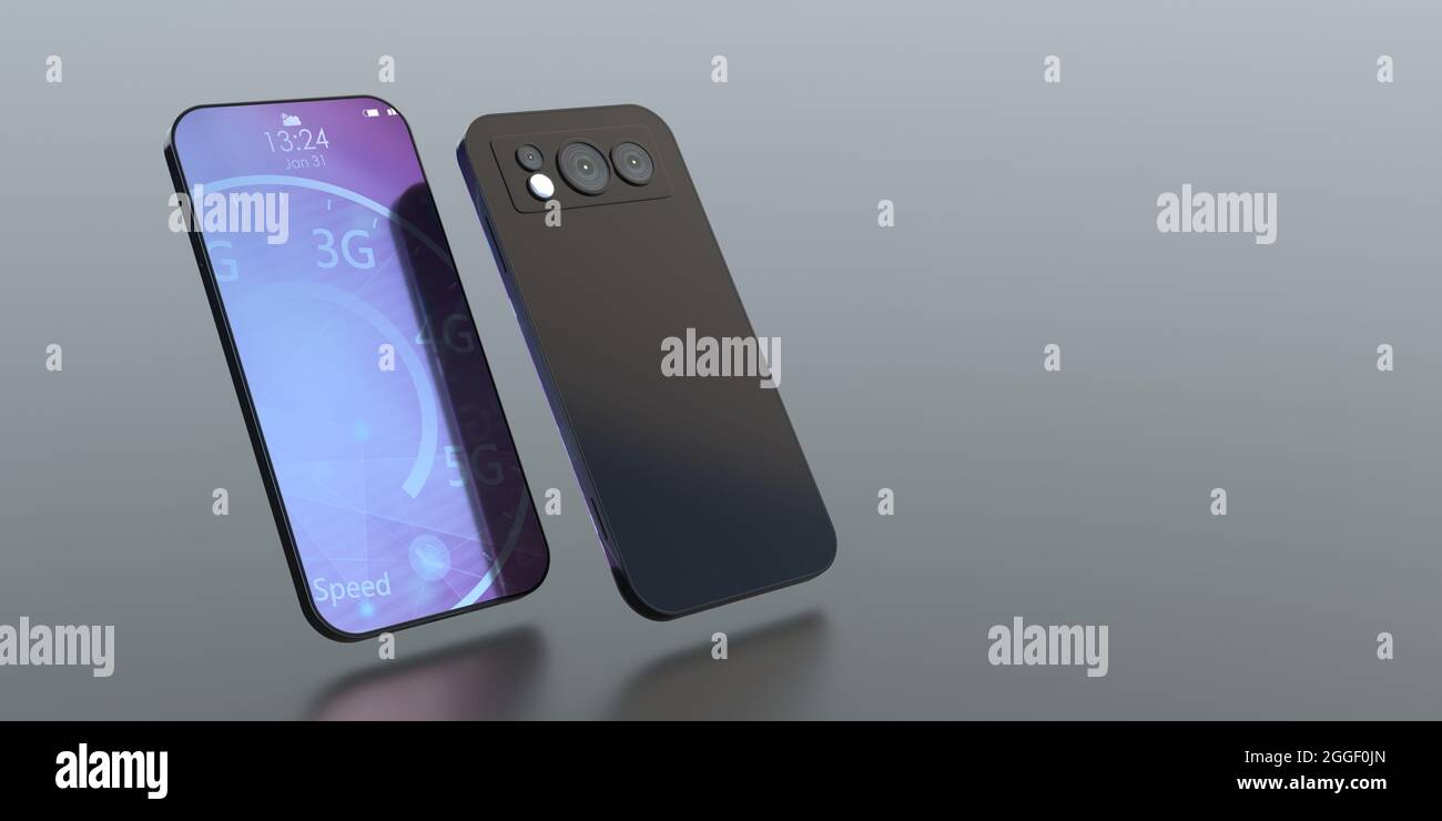 Mobile phone triple camera on back side, date and time on screen in front side, flying on grey color background, copy space, template. 3d illustration Stock Photo