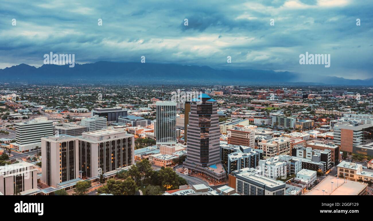Drone view of downtown Tucson, Arizona at dusk Stock Photo