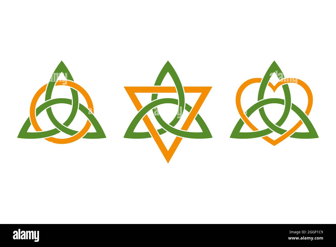 Colored triquetras, intertwined with three orange colored symbols. Green Celtic knots, triangle shaped figures, used in ancient Christian ornaments. Stock Photo