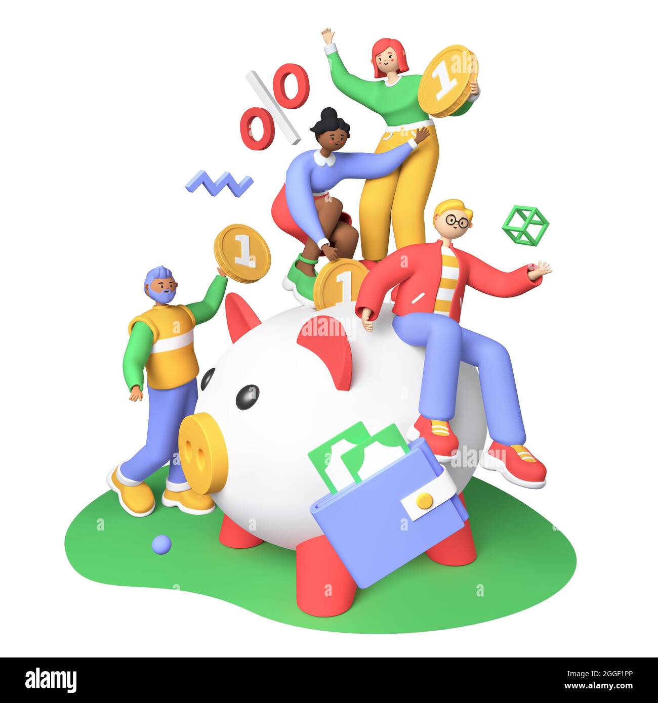 Save money colorful 3D style illustration cartoon style characters. Cheerful people put coins
