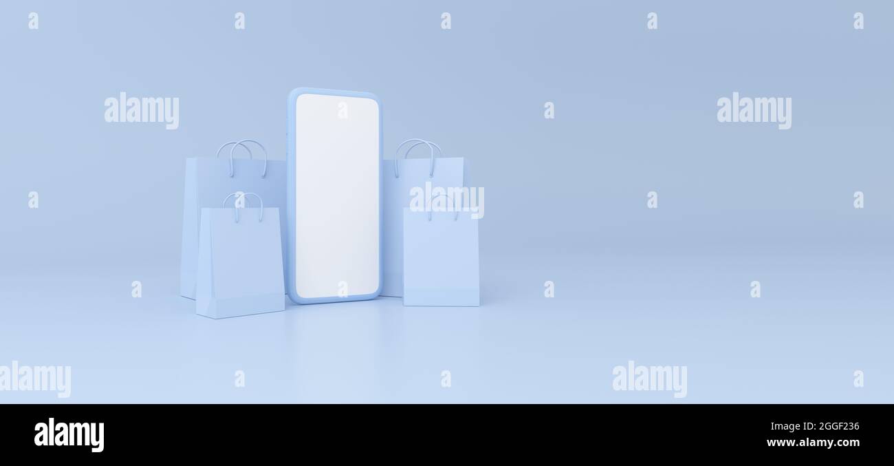Smartphone with shopping bags on blue background. online payment ...