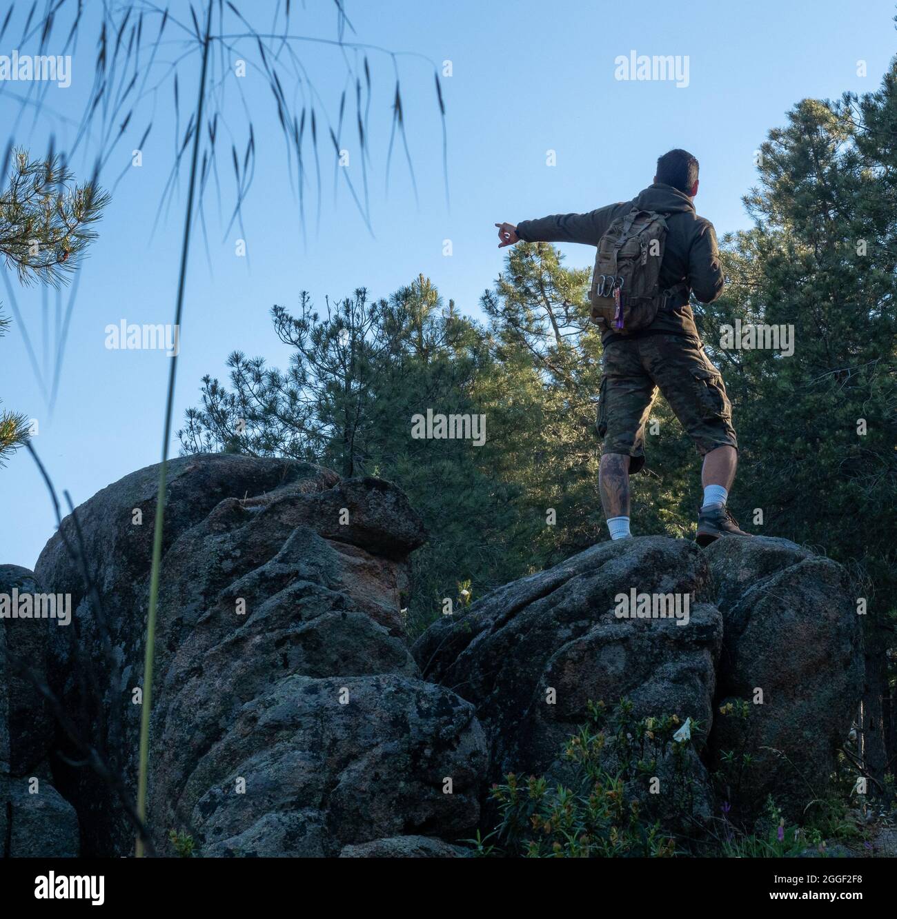 Rear view of a male hiker pointing left standing on a rock. Man with backpack pointing to the side standing on a rock in a mountain scene. Stock Photo