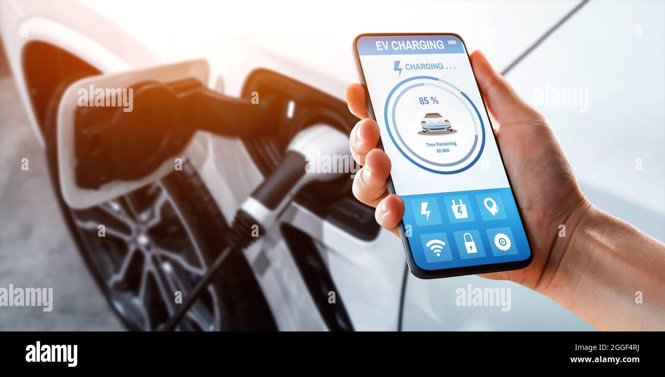 Ev Charging Station For Electric Car With Mobile App Display Charger Status The Electric Power Is Produced From Sustainable Resources To Supply To Stock Photo Alamy