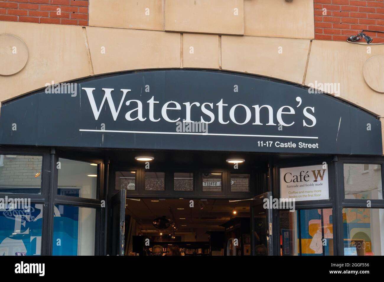 A sign for Waterstones book shop above the door in Norwich city centre
