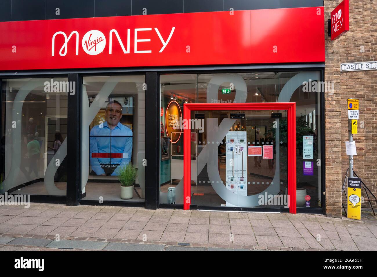 A view of Virgin Money entrance on Castle Street Norwich Stock Photo