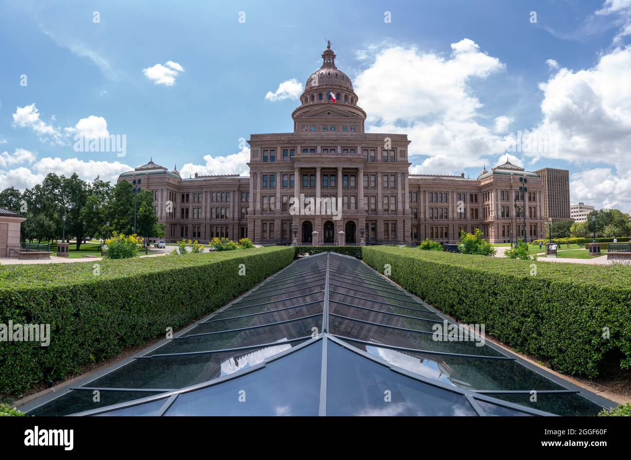 View of the Austin Capitol reflected on Glass Dome ceiling Stock Photo