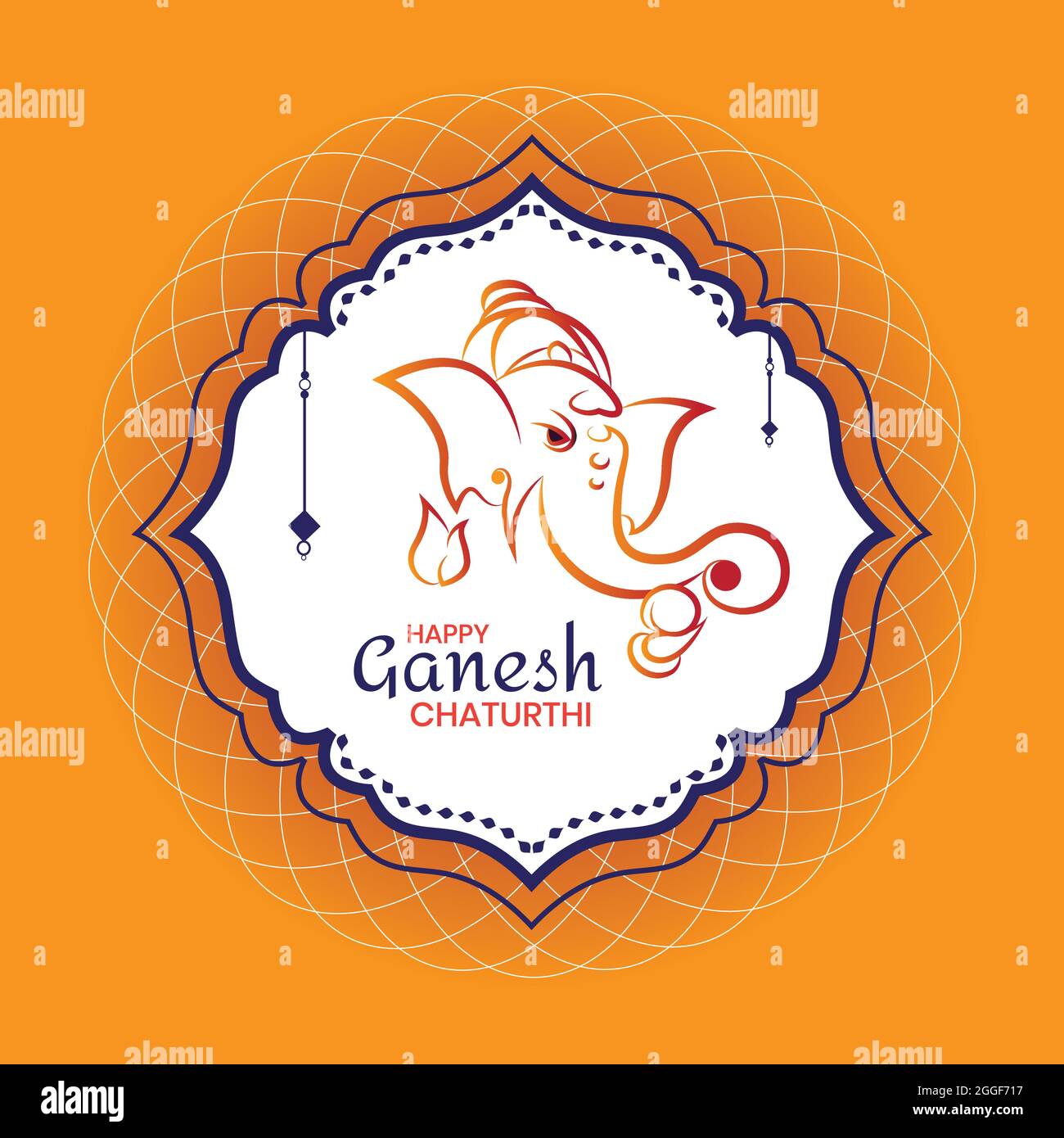 Poster of Happy Ganesh Chaturthi. Outline of God Ganesh's face. Orange color mandala background. Stock Vector