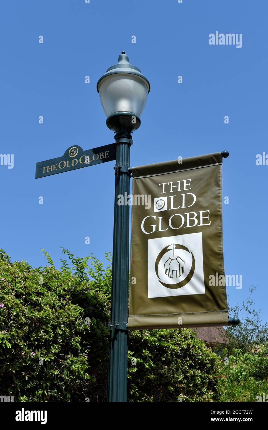SAN DIEGO, CALIFORNIA - 25 AUG 2021: Banner outsde the Old Globe, in Balboa Park, a longtime theater with shows ranging from Shakespeare to classic mu Stock Photo