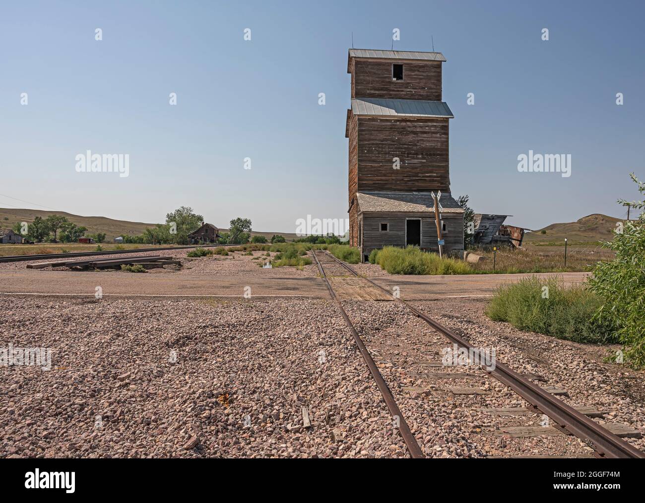 Grain elevator in the ghost town of Owanka, South Dakota, USA Stock