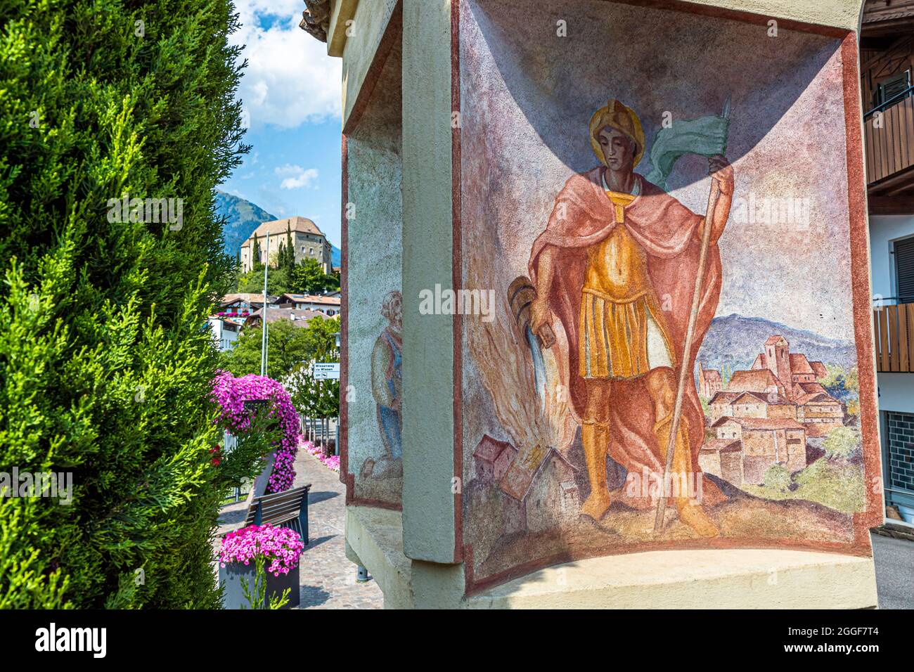 Monument to St. Florian, the patron saint of the fire department in Schenna, South Tyrol, Italy Stock Photo
