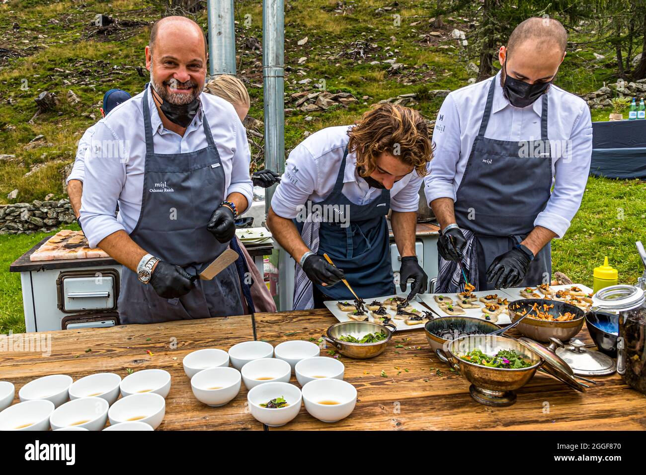 Unplugged Taste is the name of the gourmet event at the Gompm-Alm in South Tyrol, Italy. It takes place every year on the last Sunday in August Stock Photo