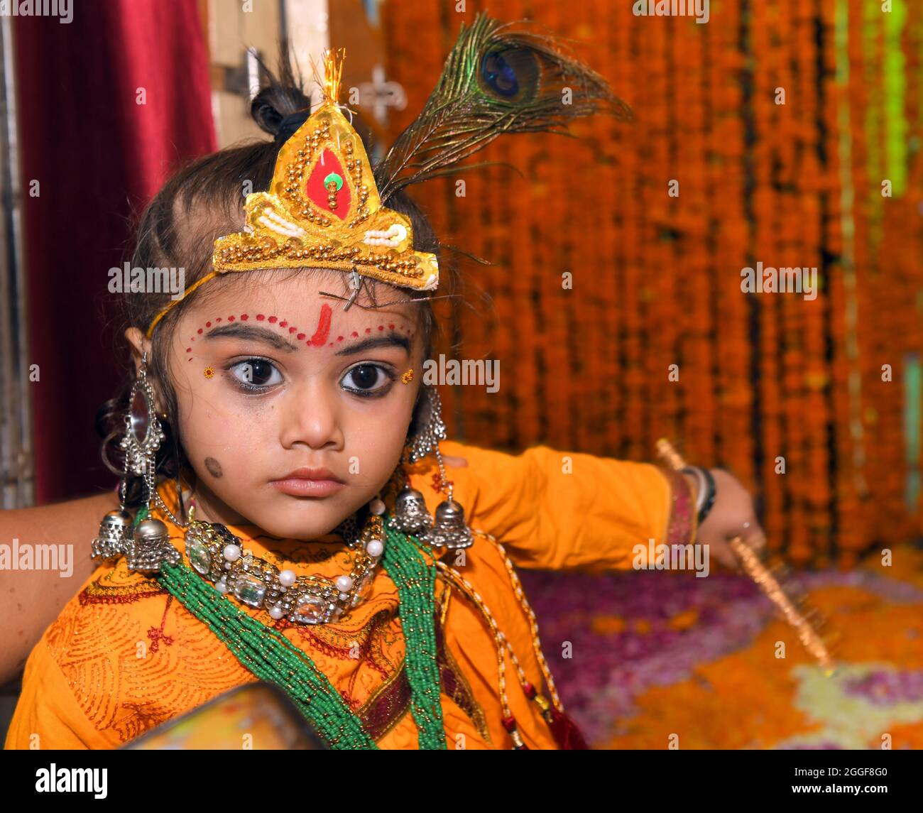 BEAWAR, RAJASTHAN, INDIA, Aug. 30, 2021 A child dressed as Hindu Lord