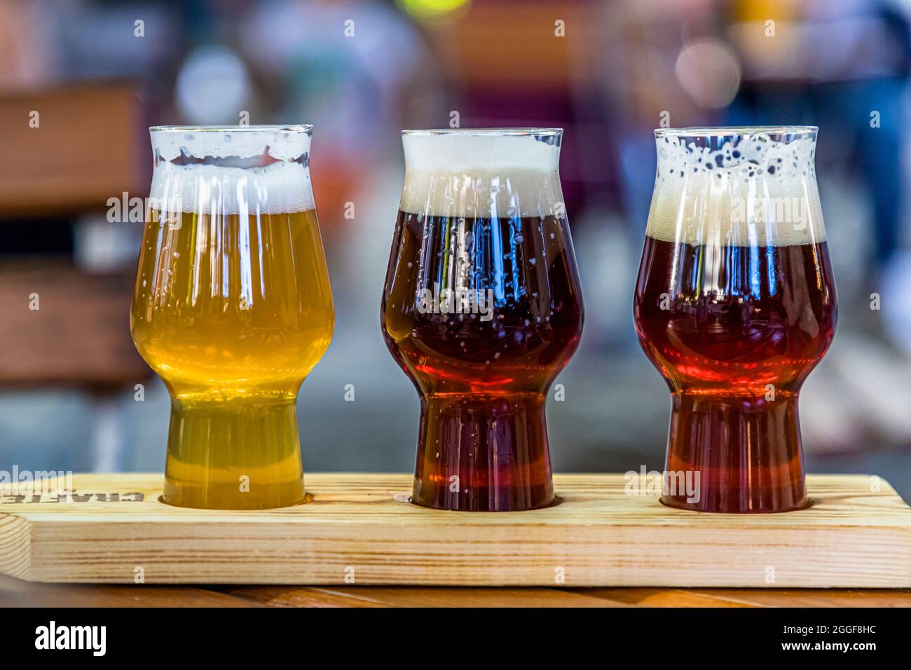 Tasting glasses with craft beer from the Pfefferlechner home brewery in Lana, South Tyrol, Italy Stock Photo
