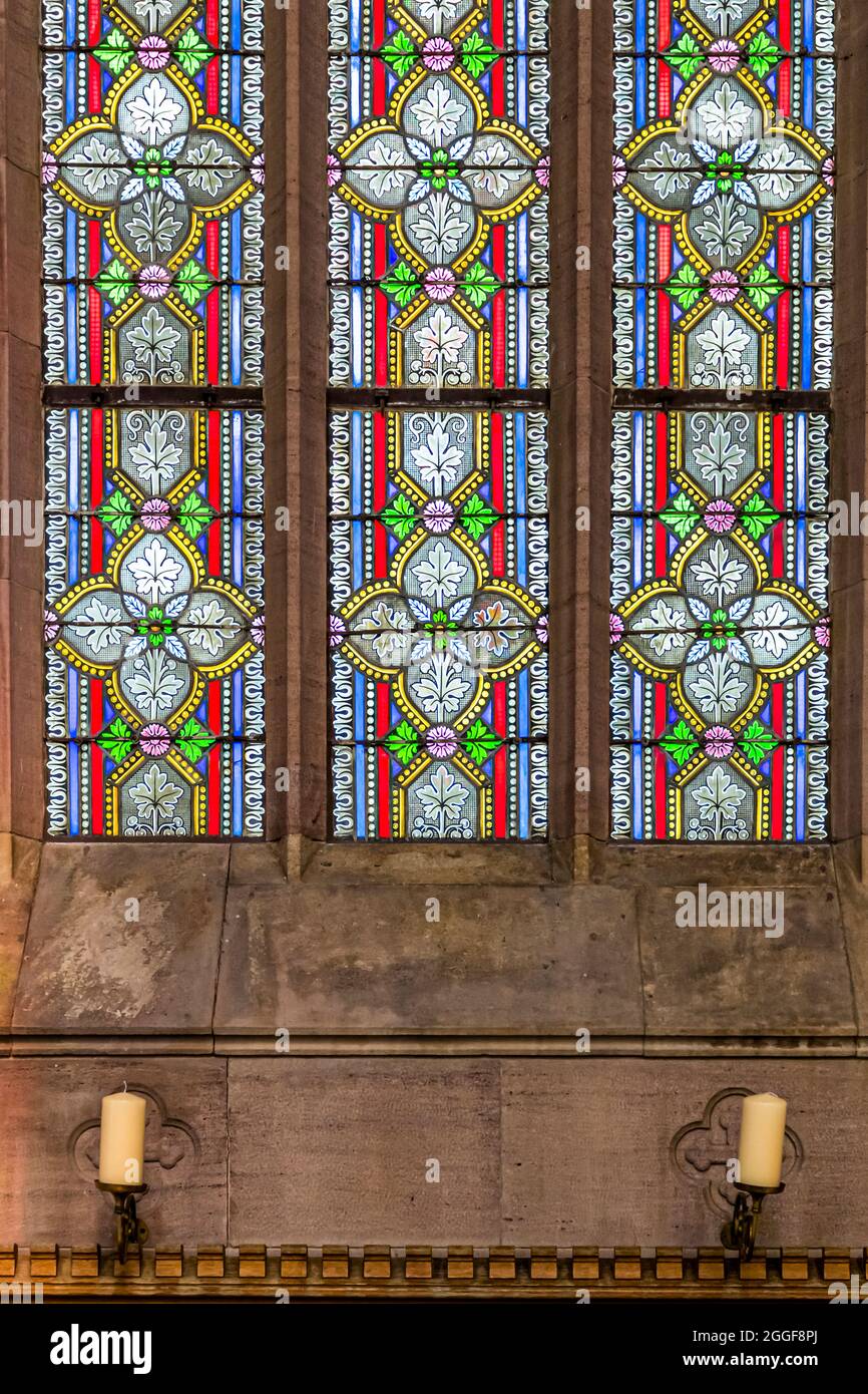 Leaded stained glass church windows in the mausoleum of Archduke Johann in Schenna, South Tyrol, Italy Stock Photo