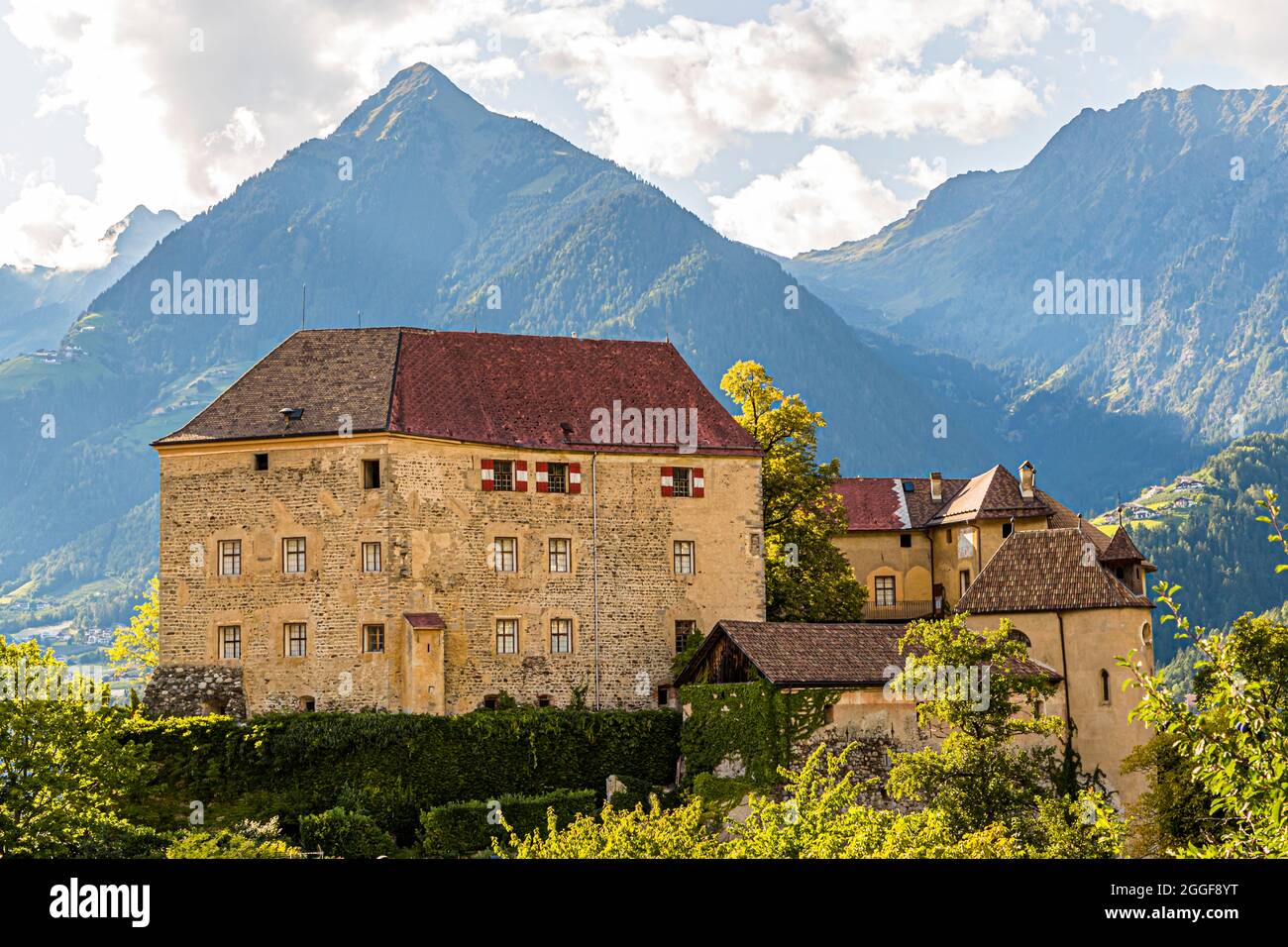 Schenna Castle in Schenna near Merano is one of the most important castles in South Tyrol, Italy. The castle was the adopted home of Archduke Johann of Austria Stock Photo