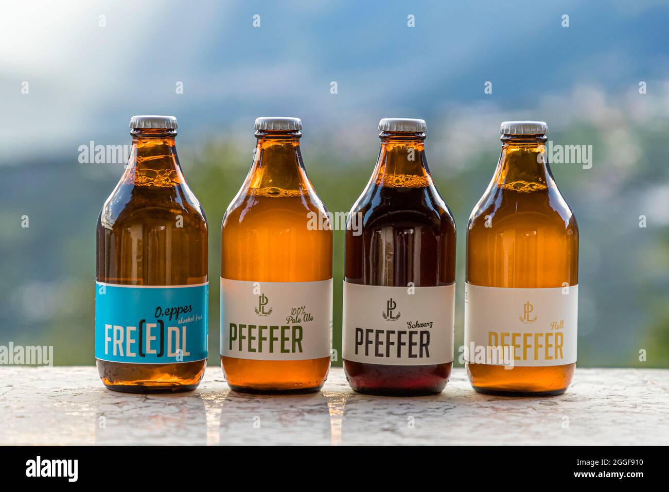 Four different types of bottled beer from the Pfefferlechner home brewery in Lana, South Tyrol, Italy Stock Photo