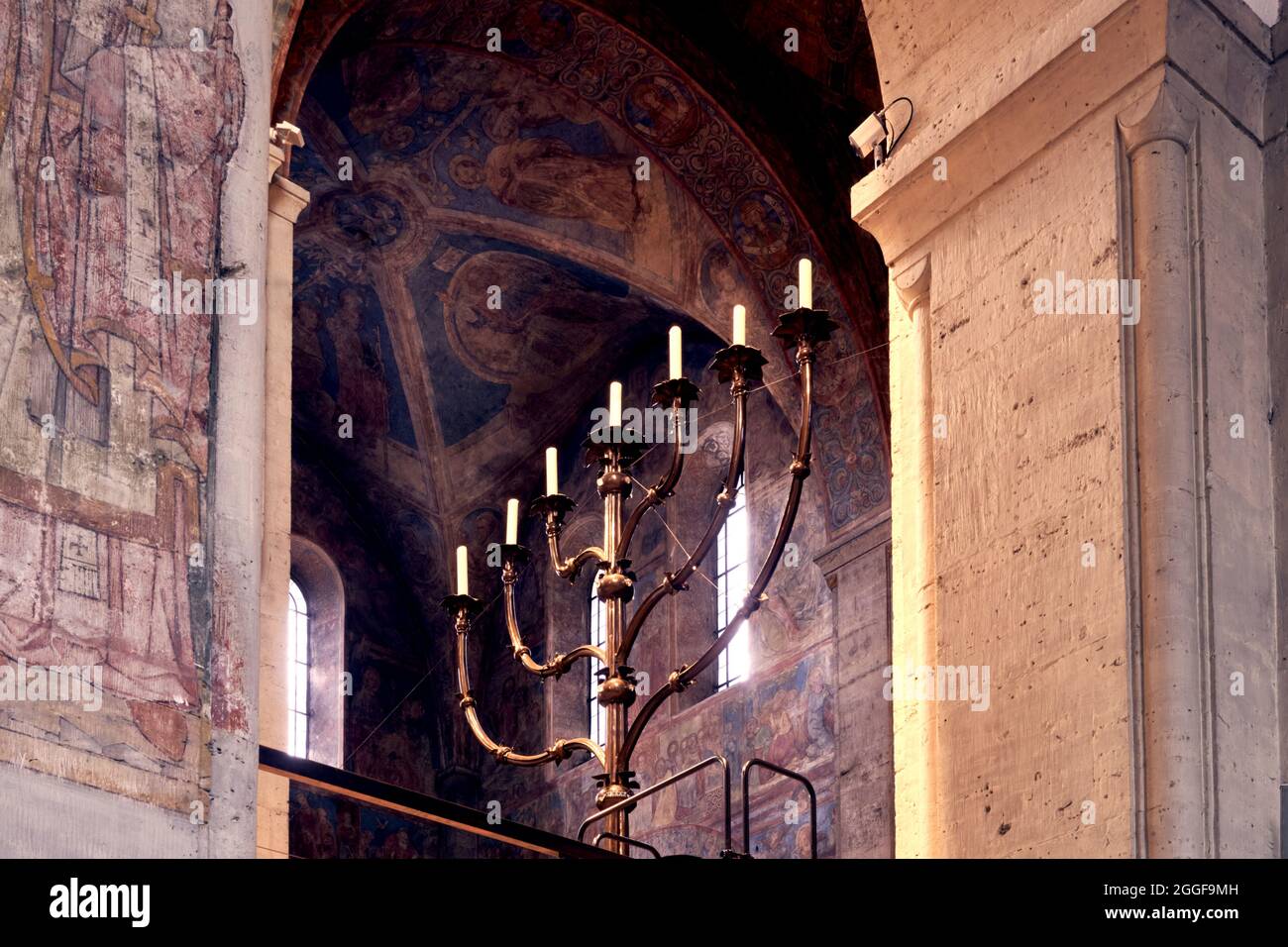 Large seven-branch candlestick in the chancel of a Christian cathedral in Germany Stock Photo