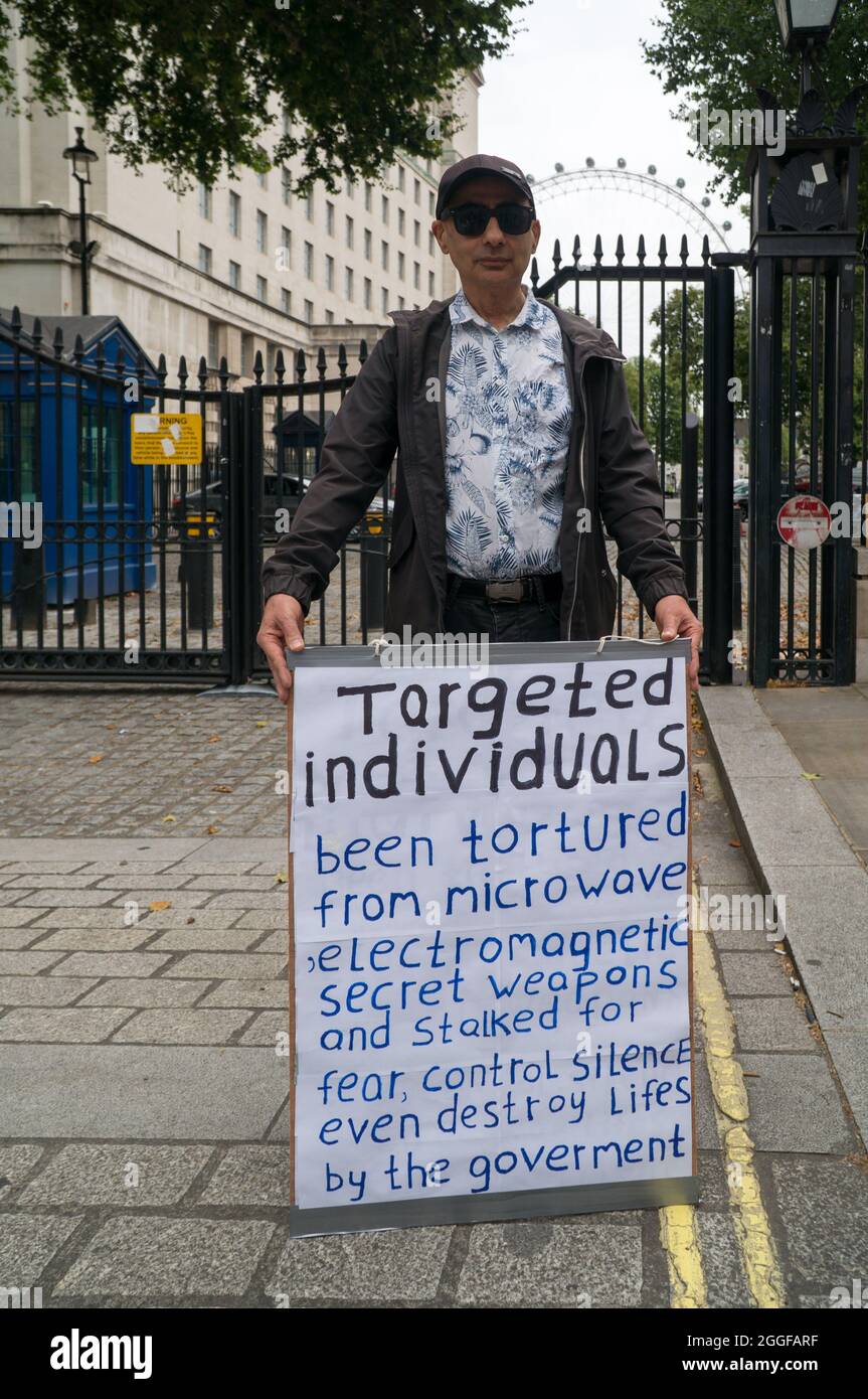 Downing Street, London, UK. 2021-08-31. The survivors are still haunted by  Mind Control by Direct Energy Weapons Cyber Torture, of millions of  innocent Law-abiding Citizens are survivors of the Havana Syndrome and