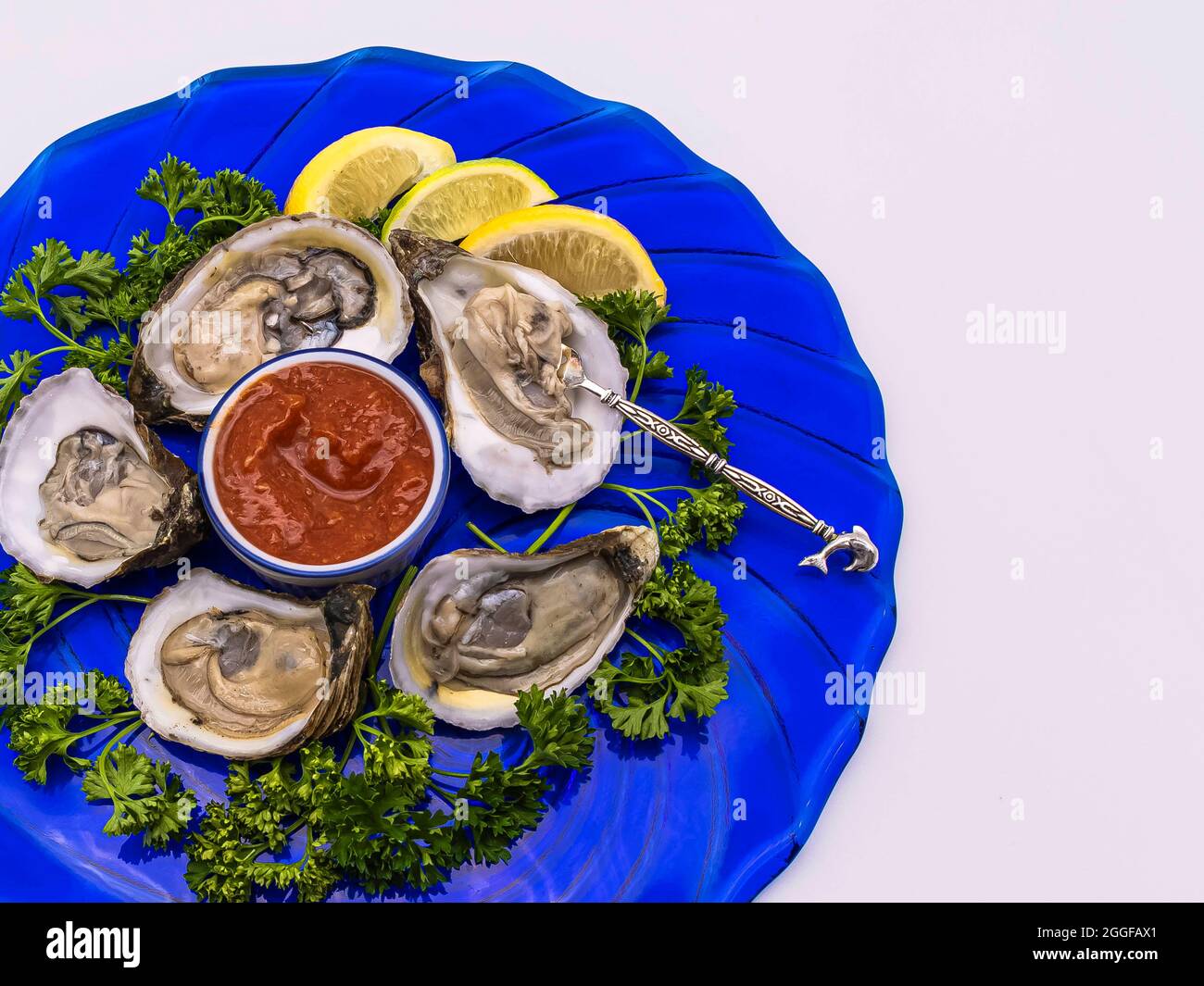 Oysters on thee half-shell served with a silver fork, red cocktail sauce, lemon and lime slices on a round blue glass plate. Stock Photo