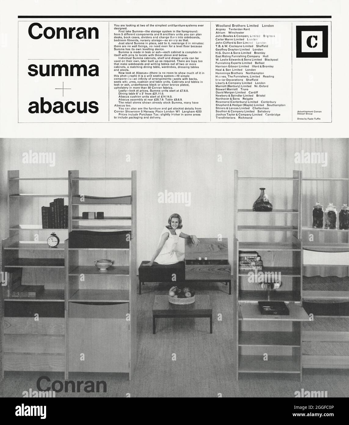A 1960s advert for furniture designed by Terrance Conran – on show at the Conran Showroom, Hanway Place, London, England, UK. The advert appeared in a magazine published in the UK in October 1962. The photograph shows the ‘Summa’ storage system and the ‘Abacus’ seating and coffee table. Sir Terence Orby Conran (1931–2020) was a British designer, restaurateur, retailer and writer. Conran started his own design practice in 1956 with the Summa range of flat-pack furniture, known then as ‘knock-down’. It made well-designed furniture far more accessible – vintage 1960s graphics. Stock Photo