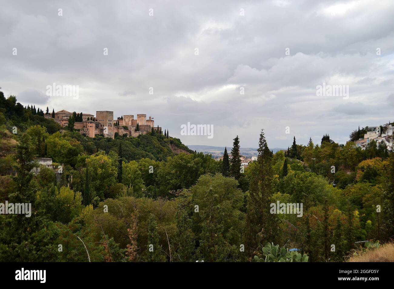 Panorama of the Alhambra in Granada and the forest from Sacromonte on a cloudy and rainy autumn day Stock Photo