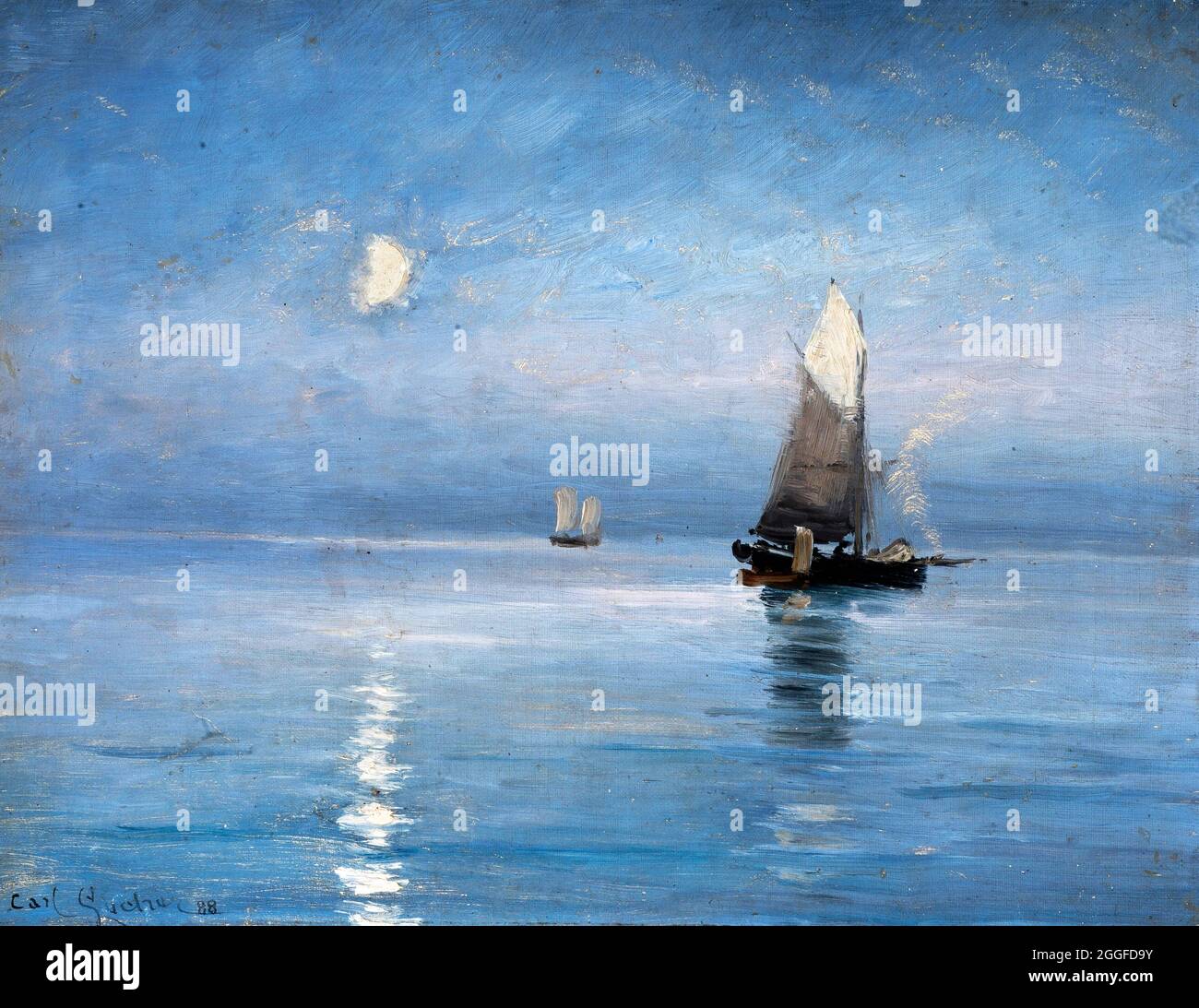 Fishing Cutters in the Moonlight by the Danish artist, Carl Locher (1851-1915), oil on canvas, 1888 Stock Photo