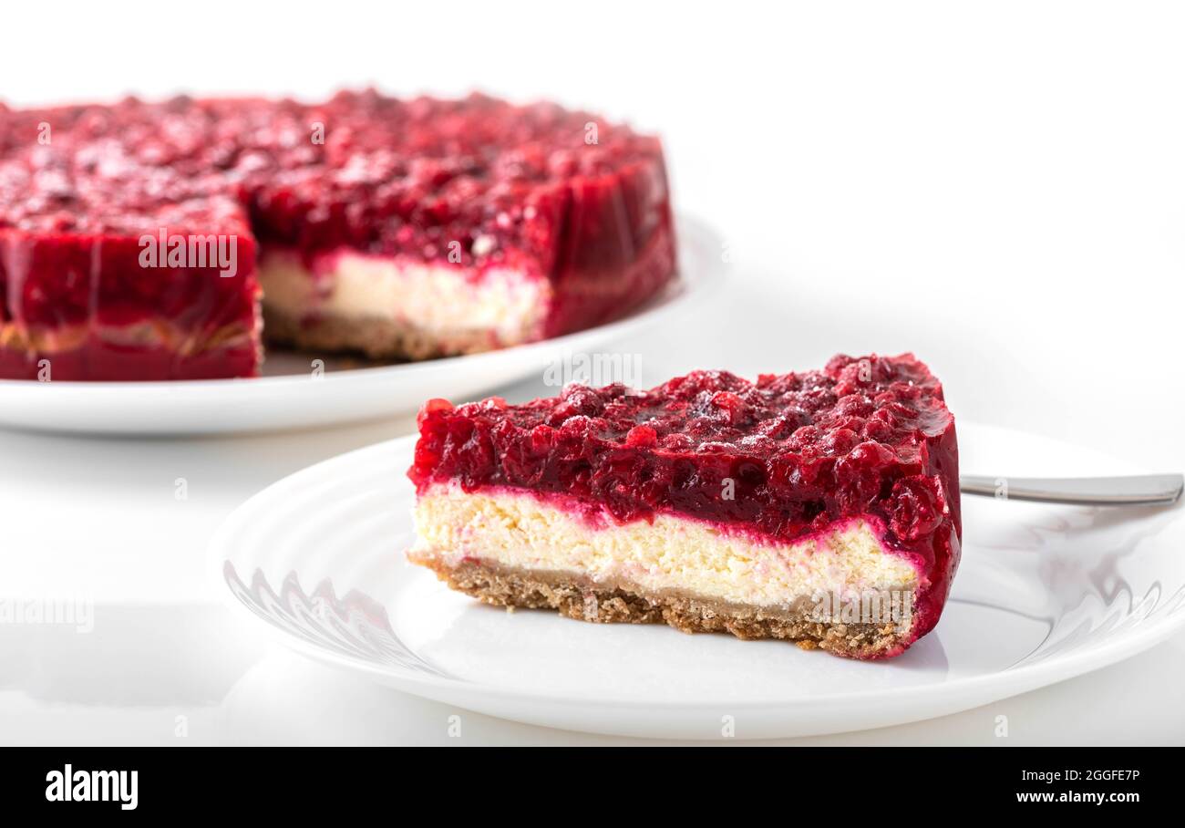 Homemade cottage cheese cheesecake with lingonberry jelly topping Stock