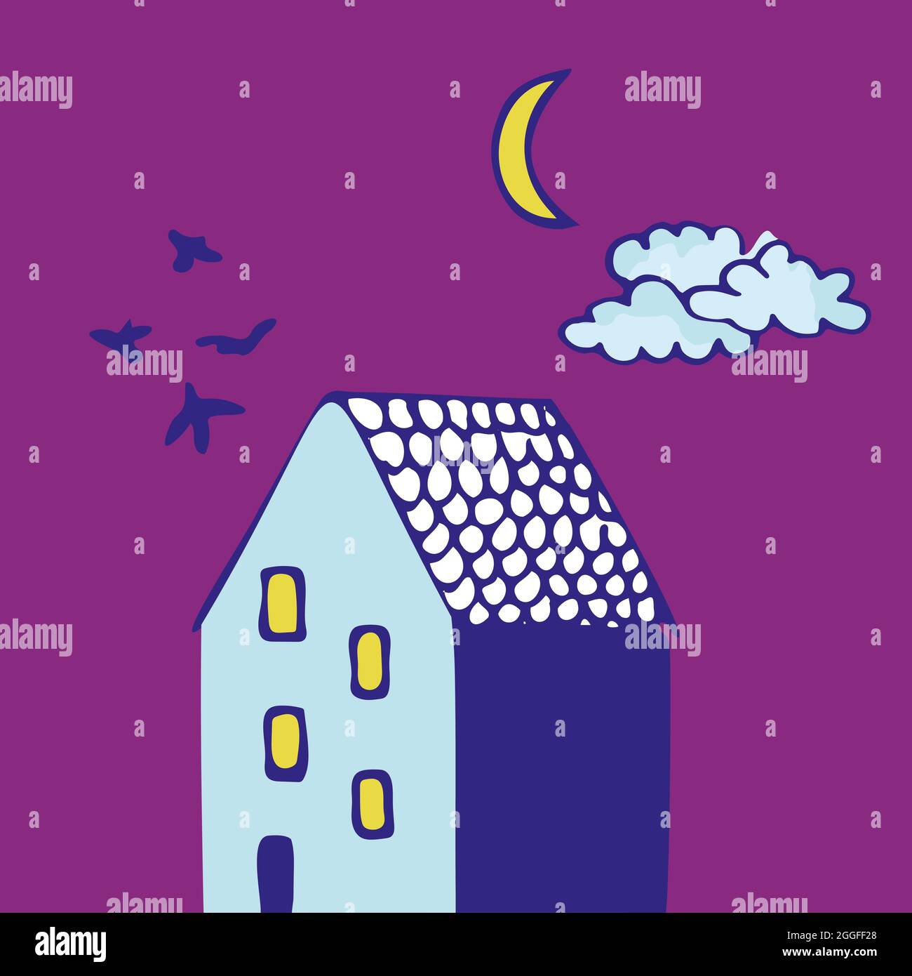 Vector illustration of a house with birds and night sky, stars and moon. Doodle design elements.  Stock Vector