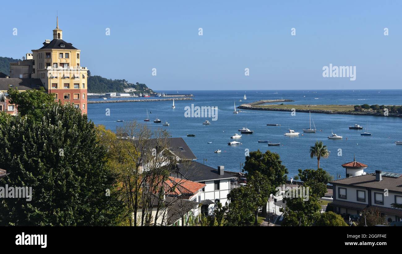 Hondarribia, Spain - 29 Aug 2021: Views of Txingudi bay from old town Honarribia Stock Photo
