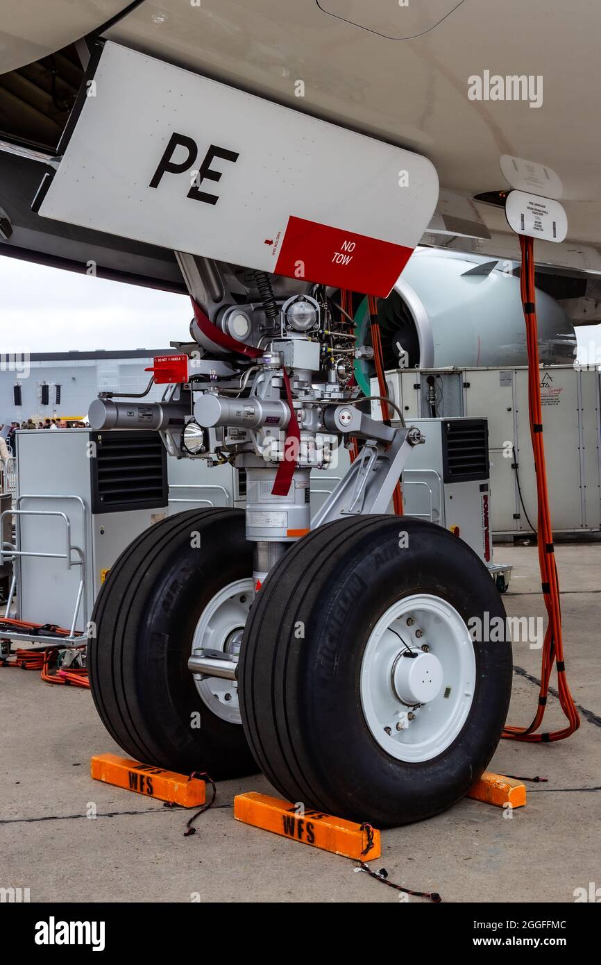 Nose landing gear on an Airbus A380 passenger plane. Le Bourget, France - June 18, 2015 Stock Photo