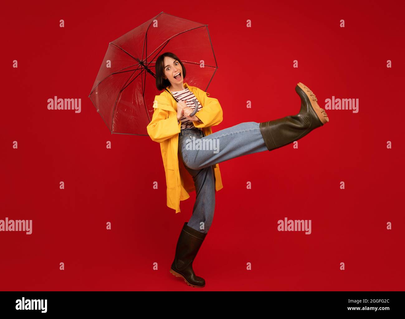 Positive lady in good mood wearing boots and yellow raincoat , walking under transparent umbrella and having fun over red colored background, studio s Stock Photo