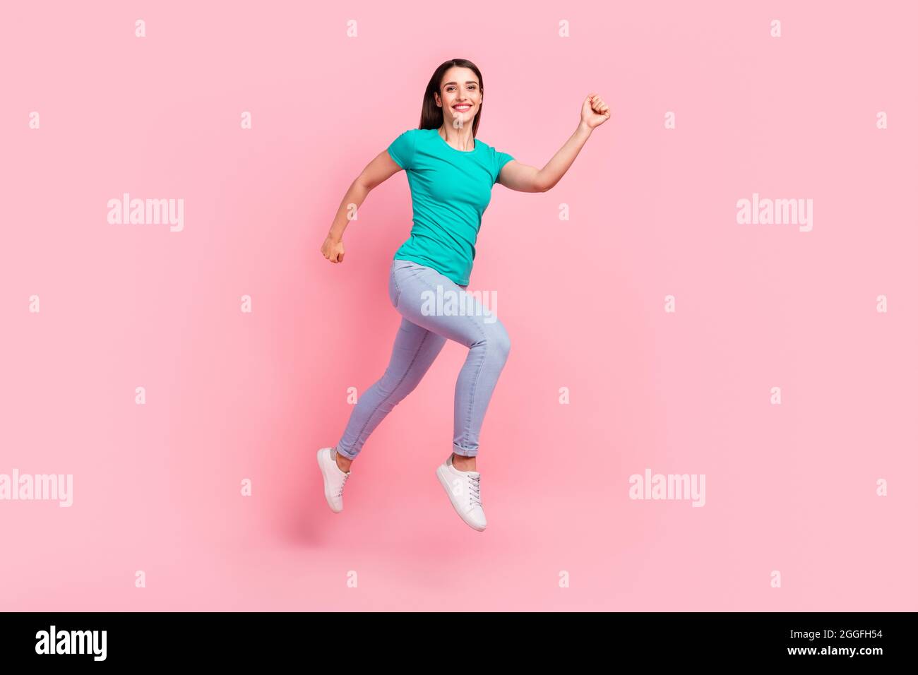 Full length profile side photo of young woman happy positive smile jump ...