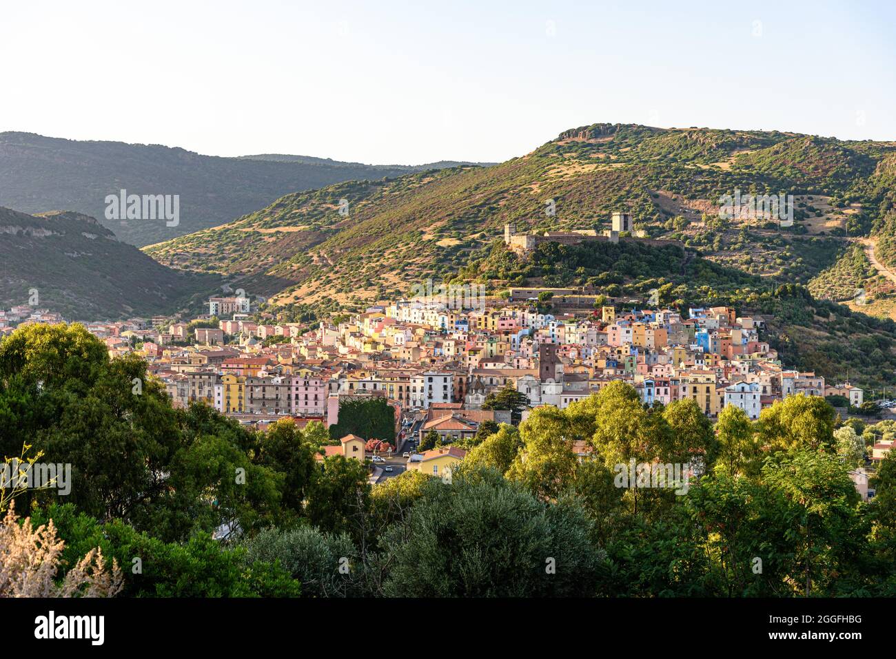 A panoramic view of Bosa at golden hour Stock Photo
