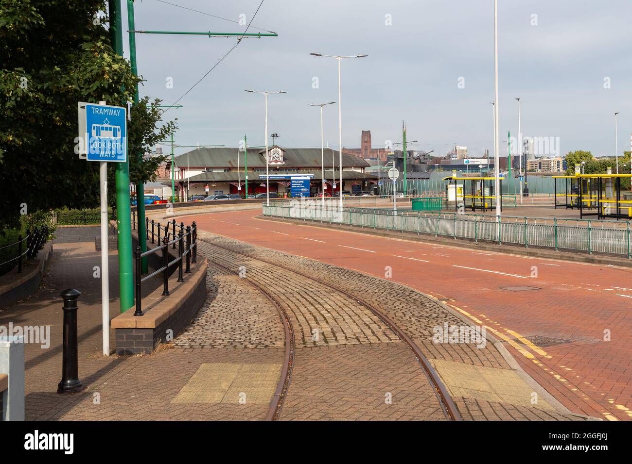 Birkenhead, UK: Tramway leading to Woodside ferry terminal, departure point for River Mersey tours. Stock Photo