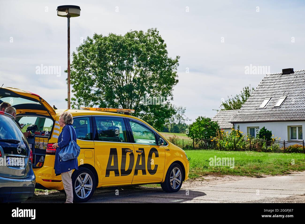 Brandenburg, Germany - September 15, 2019: Emergency vehicle of the automobile club ADAC on the roadside. Stock Photo
