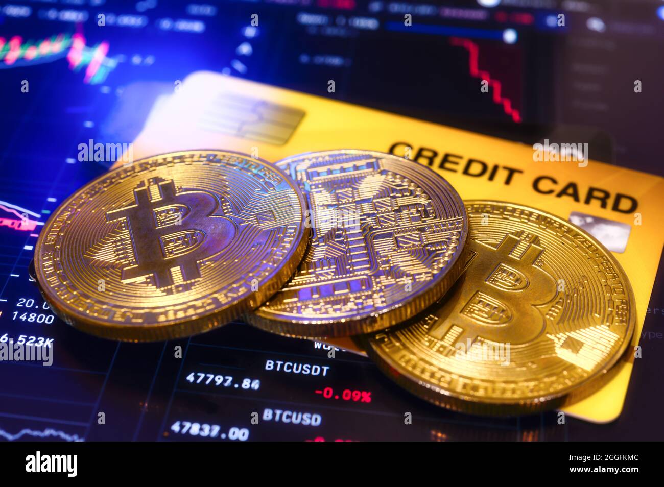Golden coin bitcoin cryptocurrency with a credit card, payment operations  Stock Photo - Alamy