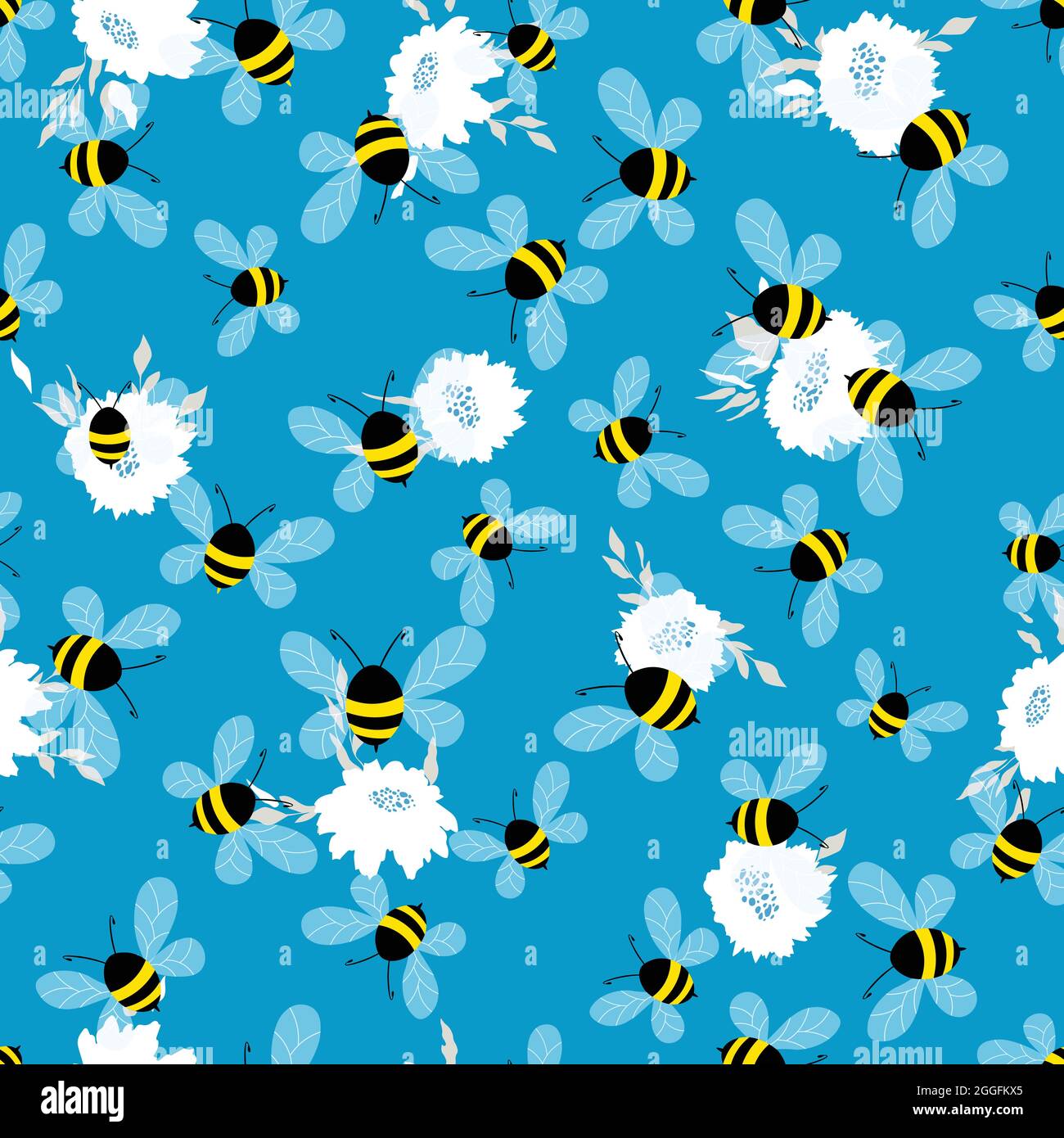 Seamless pattern with bees on color floral background. Small wasp ...