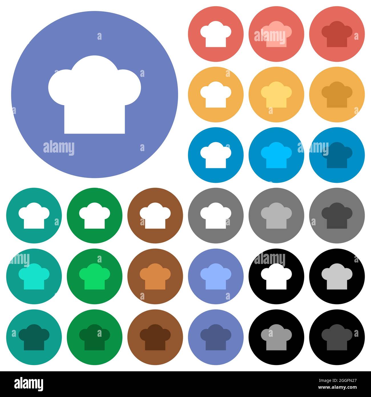 Chef hat solid multi colored flat icons on round backgrounds. Included white, light and dark icon variations for hover and active status effects, and Stock Vector