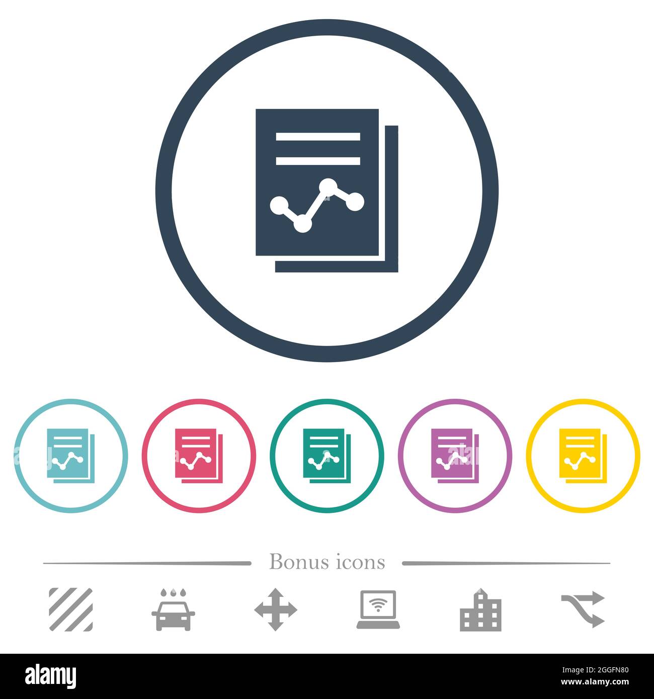 Report with graph solid flat color icons in round outlines. 6 bonus ...