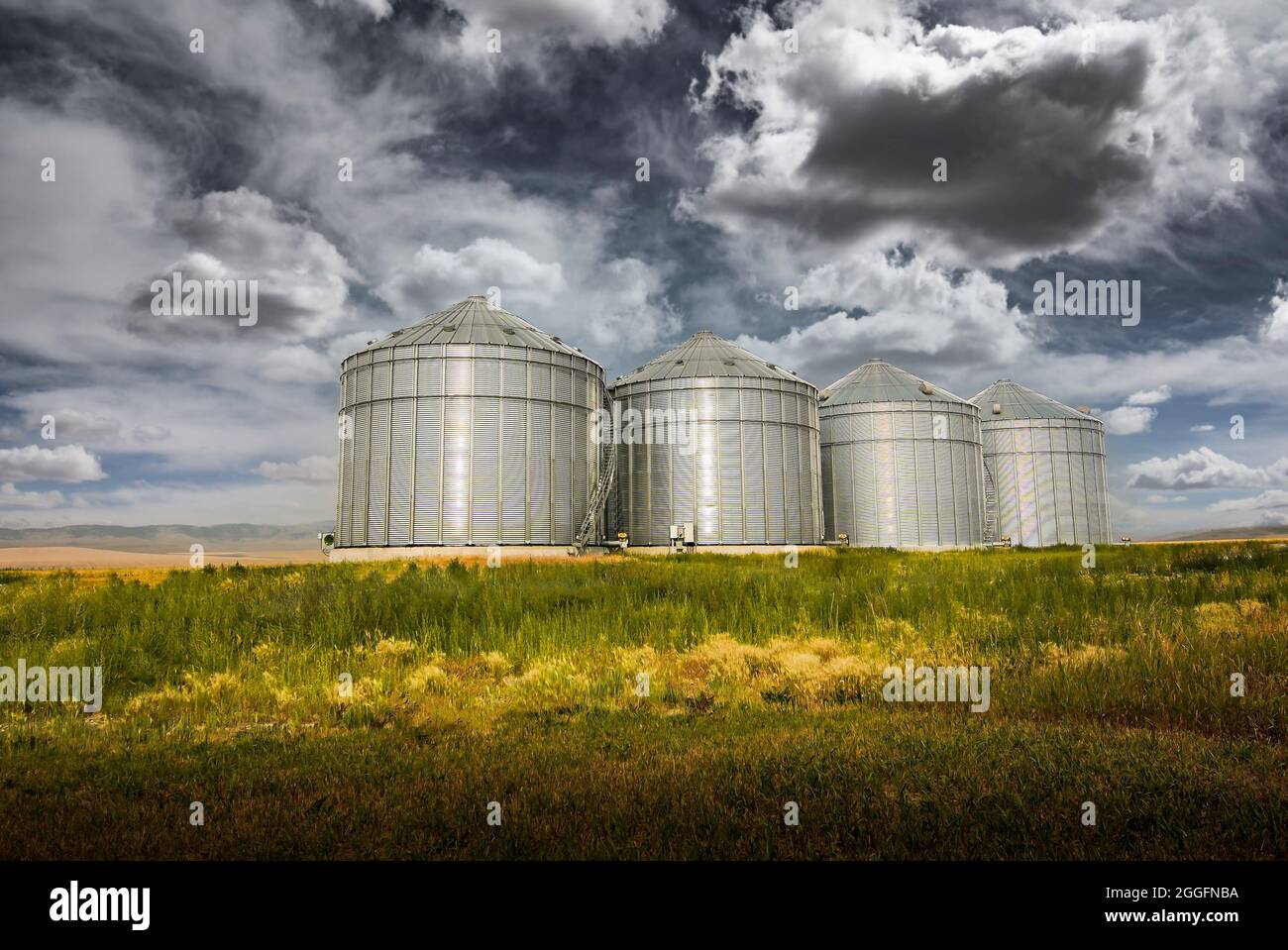 Grain silos used for the agriculture industry under a dramatic sky in