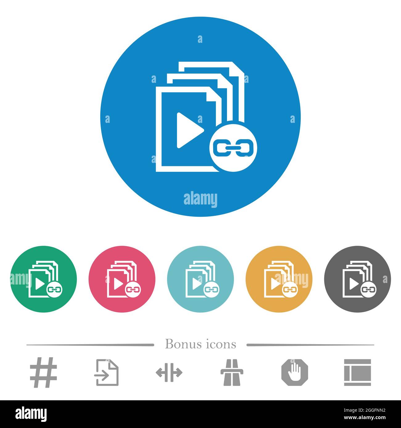 Link playlist flat white icons on round color backgrounds. 6 bonus ...