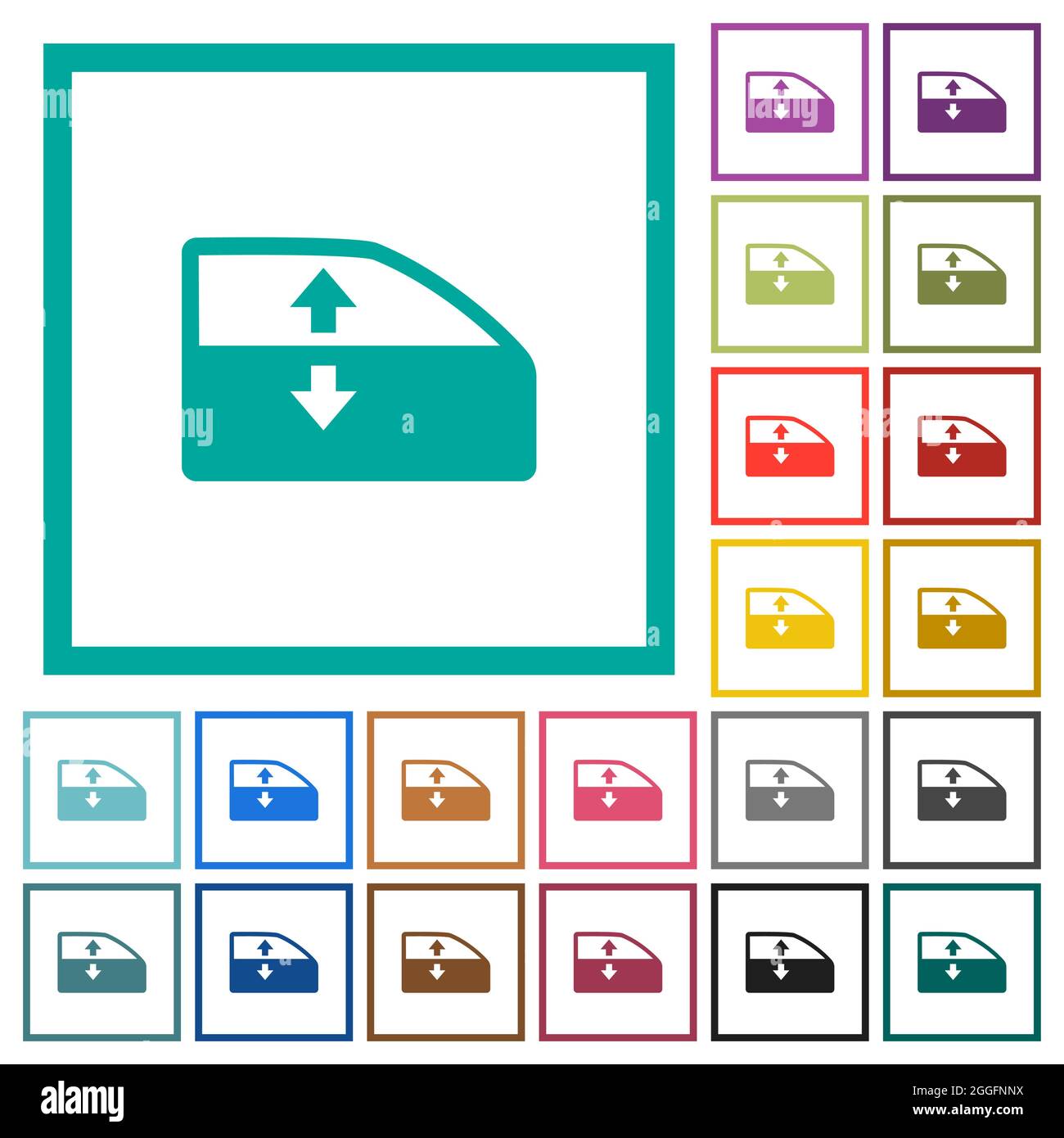 Car electric window winder flat color icons with quadrant frames on white background Stock Vector