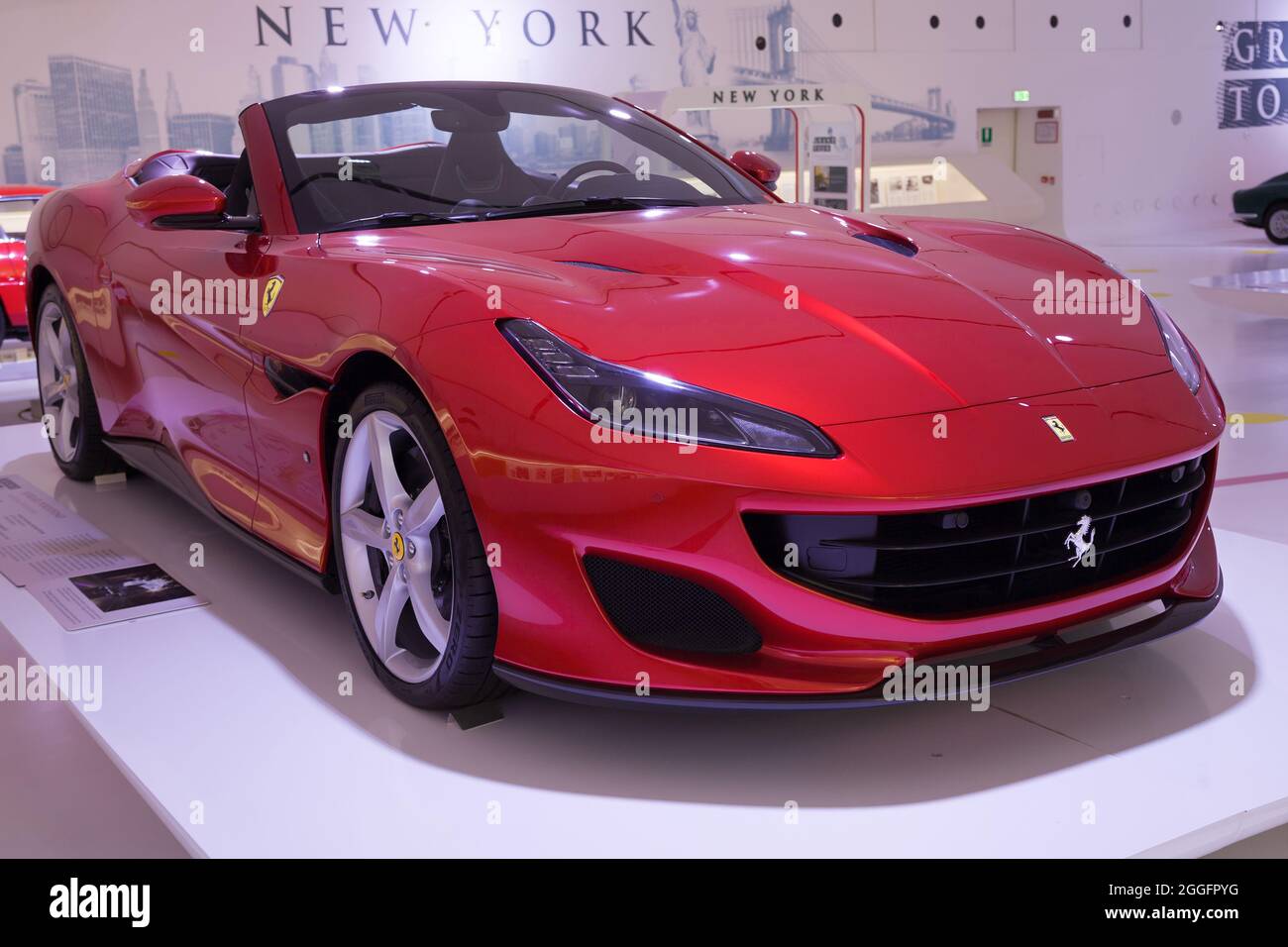 Modena, Italy - August 14, 2021: Ferrari Portofino showcased at Enzo Ferrari Museum, Modena, Italy. Stock Photo
