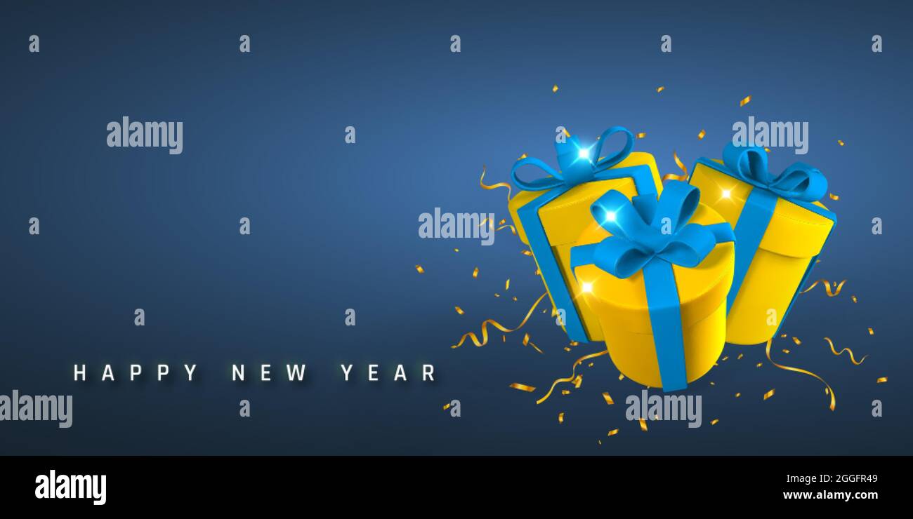 New Year and Christmas background. 3D realistic gift boxes with bow and ...