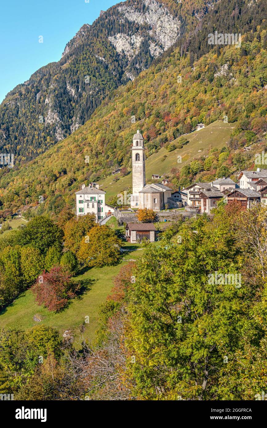 View at the village Soglio at the Bregaglia Valley in autumn, Ticino, Switzerland Stock Photo