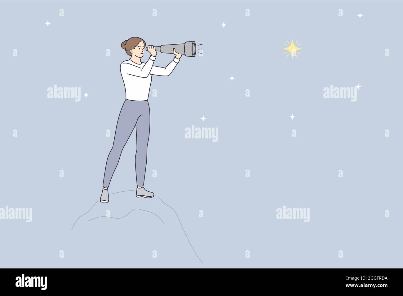 Looking at stars with binoculars concept. Young woman cartoon character