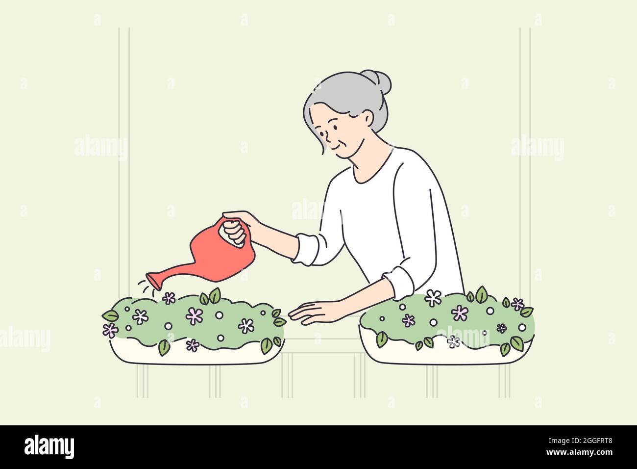 Elderly people happy lifestyle concept. Smiling old mature elderly woman grandmother standing watering flowers in pots on balcony vector illustration  Stock Vector