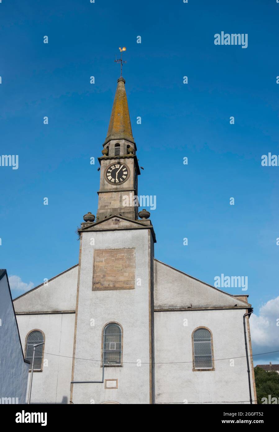 The clock tower of Lesmahagow Old Parish Church, in Lanarkshire, Scotland, UK Stock Photo